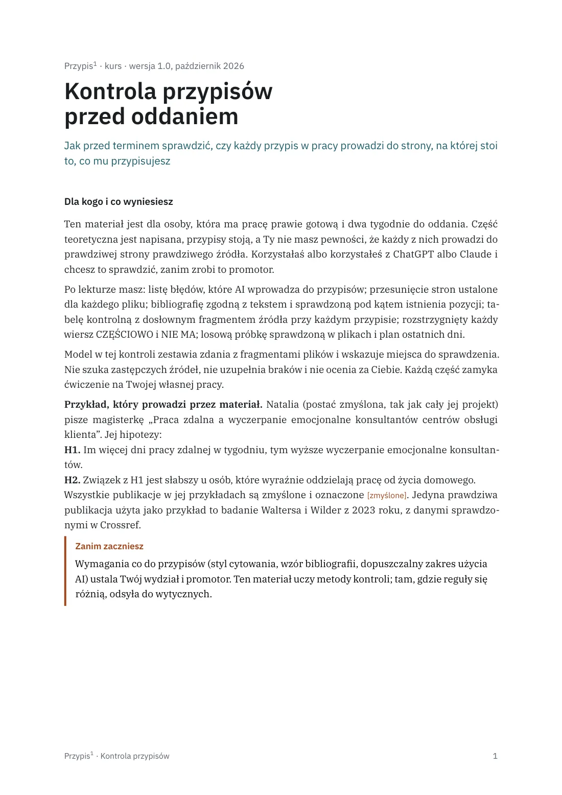Strona 1 kursu Kontrola przypisów przed oddaniem